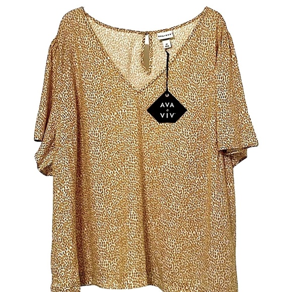 AVA & VIV tan ochre tiny dot v-neck short sleeve blouse 3X NWT - Picture 1 of 4
